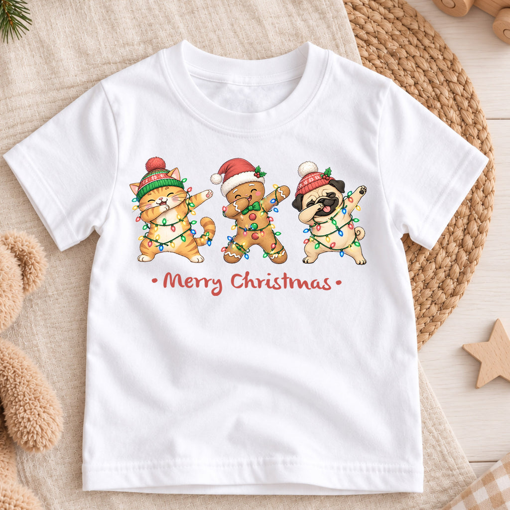 Funny Christmas Animals Kids Shirt, Cat Gingerbread Pug Holiday Tee, Christmas Lights T Shirt, Cute Xmas Gift for Kids — product view 3