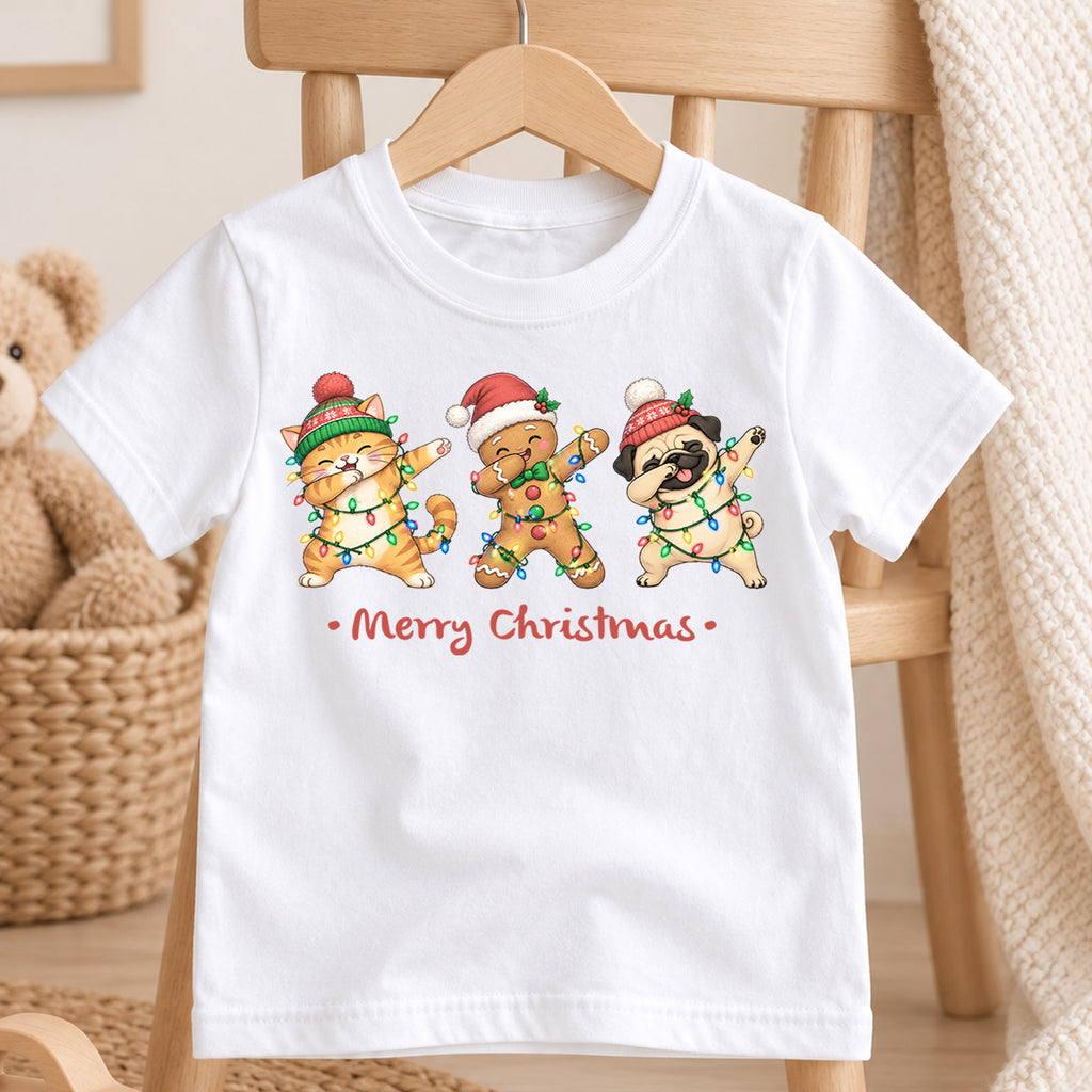 Funny Christmas Animals Kids Shirt, Cat Gingerbread Pug Holiday Tee, Christmas Lights T Shirt, Cute Xmas Gift for Kids — product view 4