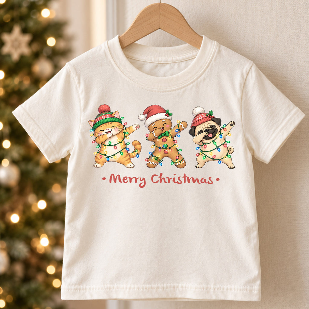 Funny Christmas Animals Kids Shirt, Cat Gingerbread Pug Holiday Tee, Christmas Lights T Shirt, Cute Xmas Gift for Kids — product view 5