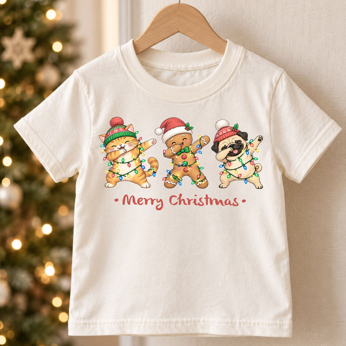 Funny Christmas Animals Kids Shirt, Cat Gingerbread Pug Holiday Tee, Christmas Lights T Shirt, Cute Xmas Gift for Kids — product view 5