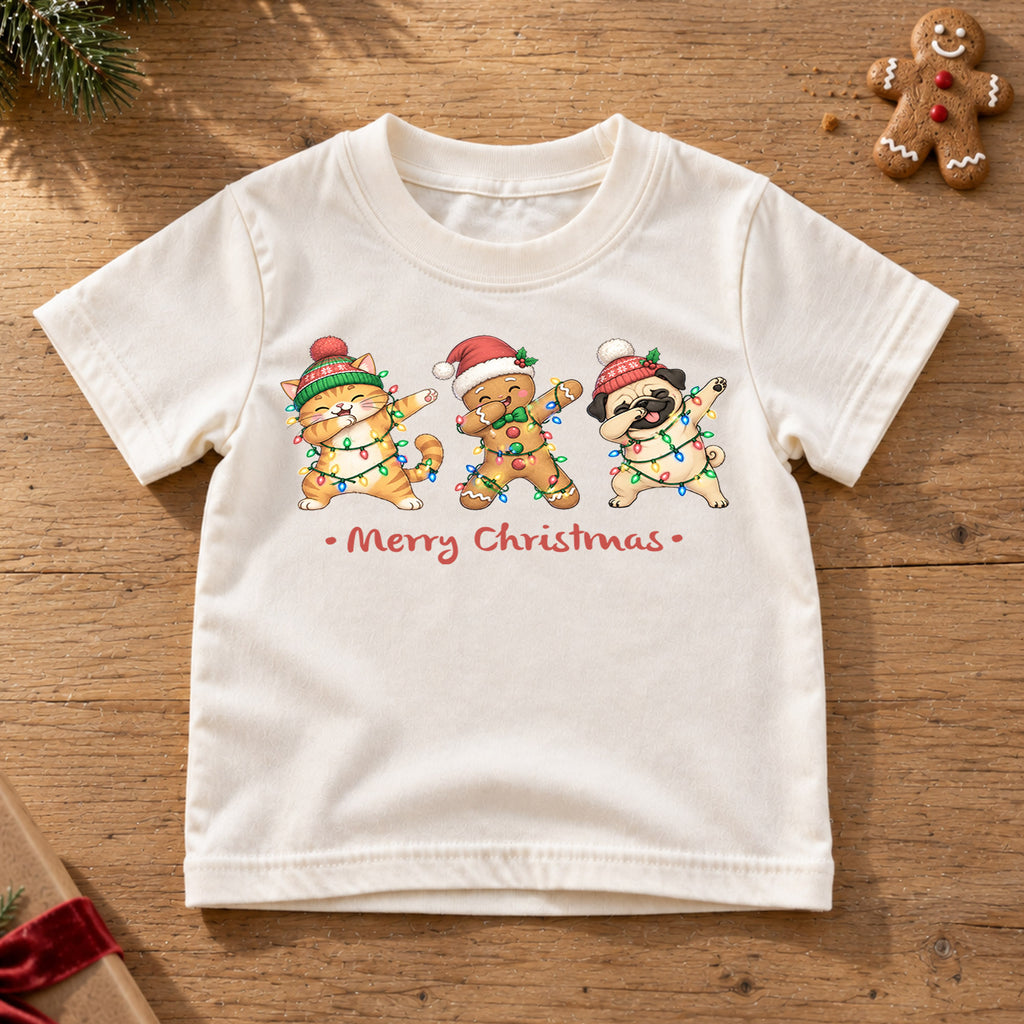Funny Christmas Animals Kids Shirt, Cat Gingerbread Pug Holiday Tee, Christmas Lights T Shirt, Cute Xmas Gift for Kids — product view 6