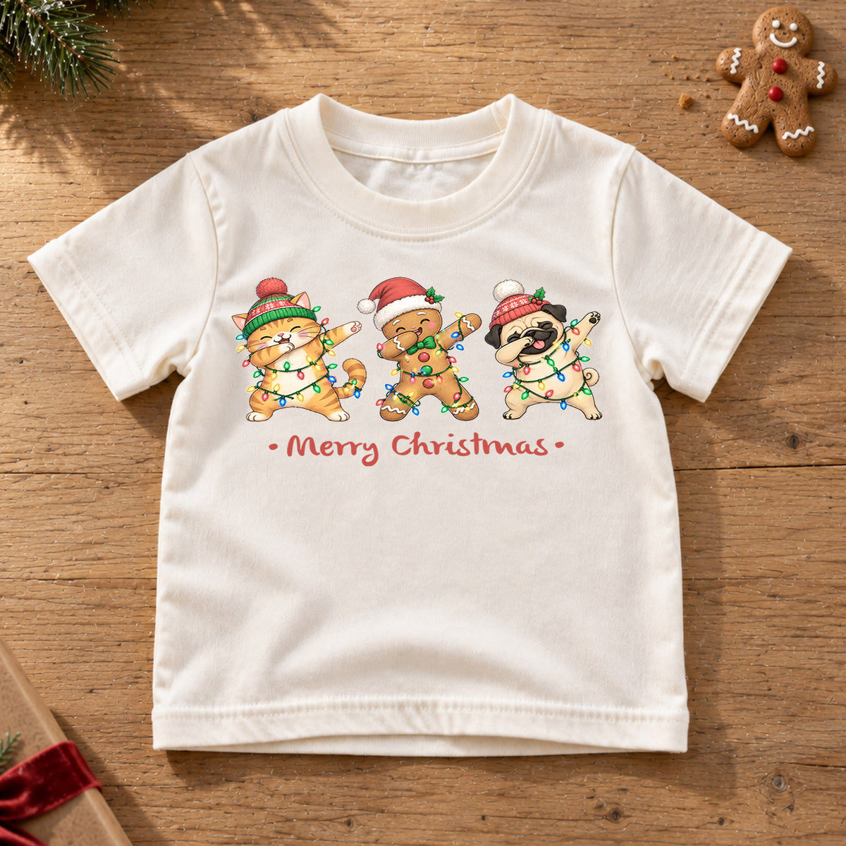 Funny Christmas Animals Kids Shirt, Cat Gingerbread Pug Holiday Tee, Christmas Lights T Shirt, Cute Xmas Gift for Kids — product view 6