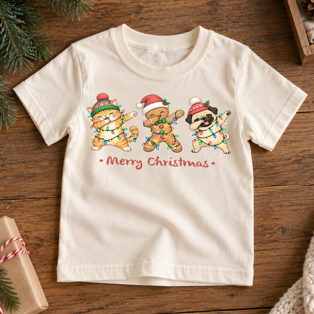 Funny Christmas Animals Kids Shirt, Cat Gingerbread Pug Holiday Tee, Christmas Lights T Shirt, Cute Xmas Gift for Kids — product view 7