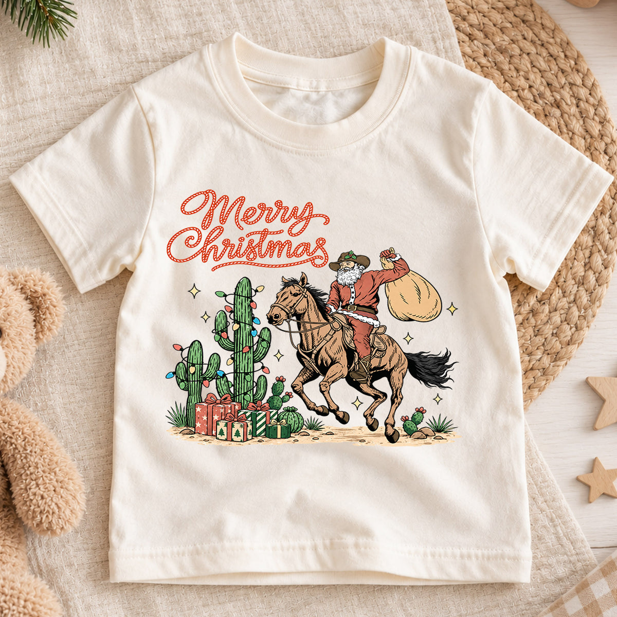 Western Christmas Kids Shirt, Cowboy Santa Horse Holiday Tee, Cactus Merry Christmas T Shirt, Country Xmas Gift for Kids — product view 1