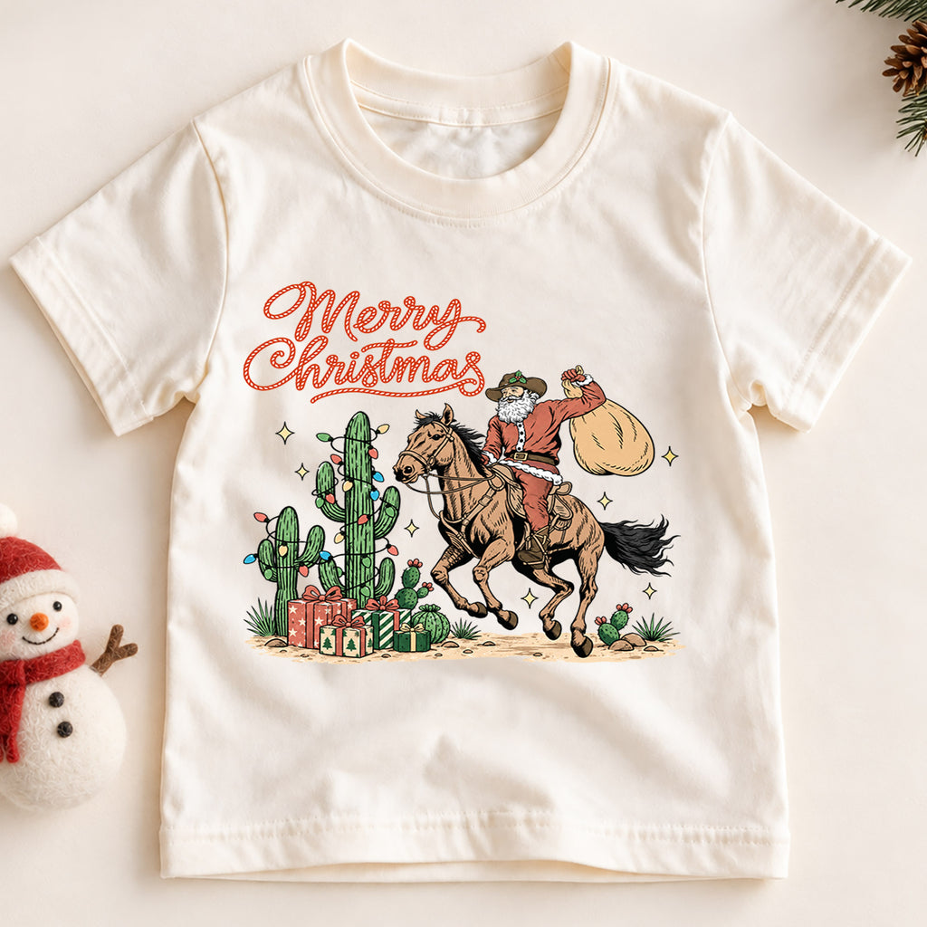 Western Christmas Kids Shirt, Cowboy Santa Horse Holiday Tee, Cactus Merry Christmas T Shirt, Country Xmas Gift for Kids — product view 2