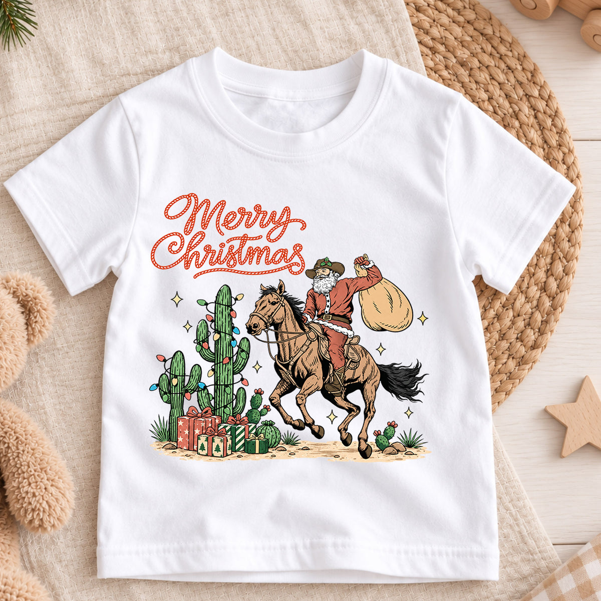 Western Christmas Kids Shirt, Cowboy Santa Horse Holiday Tee, Cactus Merry Christmas T Shirt, Country Xmas Gift for Kids — product view 3