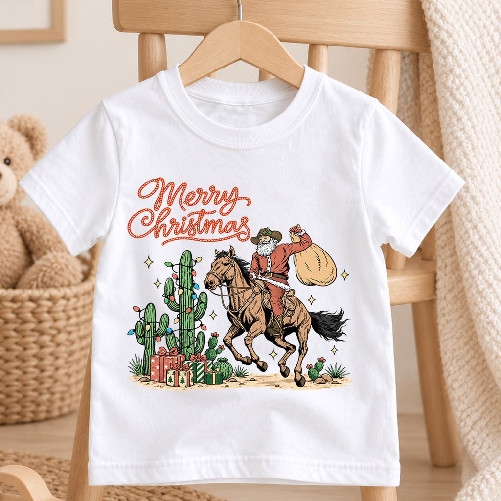 Western Christmas Kids Shirt, Cowboy Santa Horse Holiday Tee, Cactus Merry Christmas T Shirt, Country Xmas Gift for Kids — product view 4