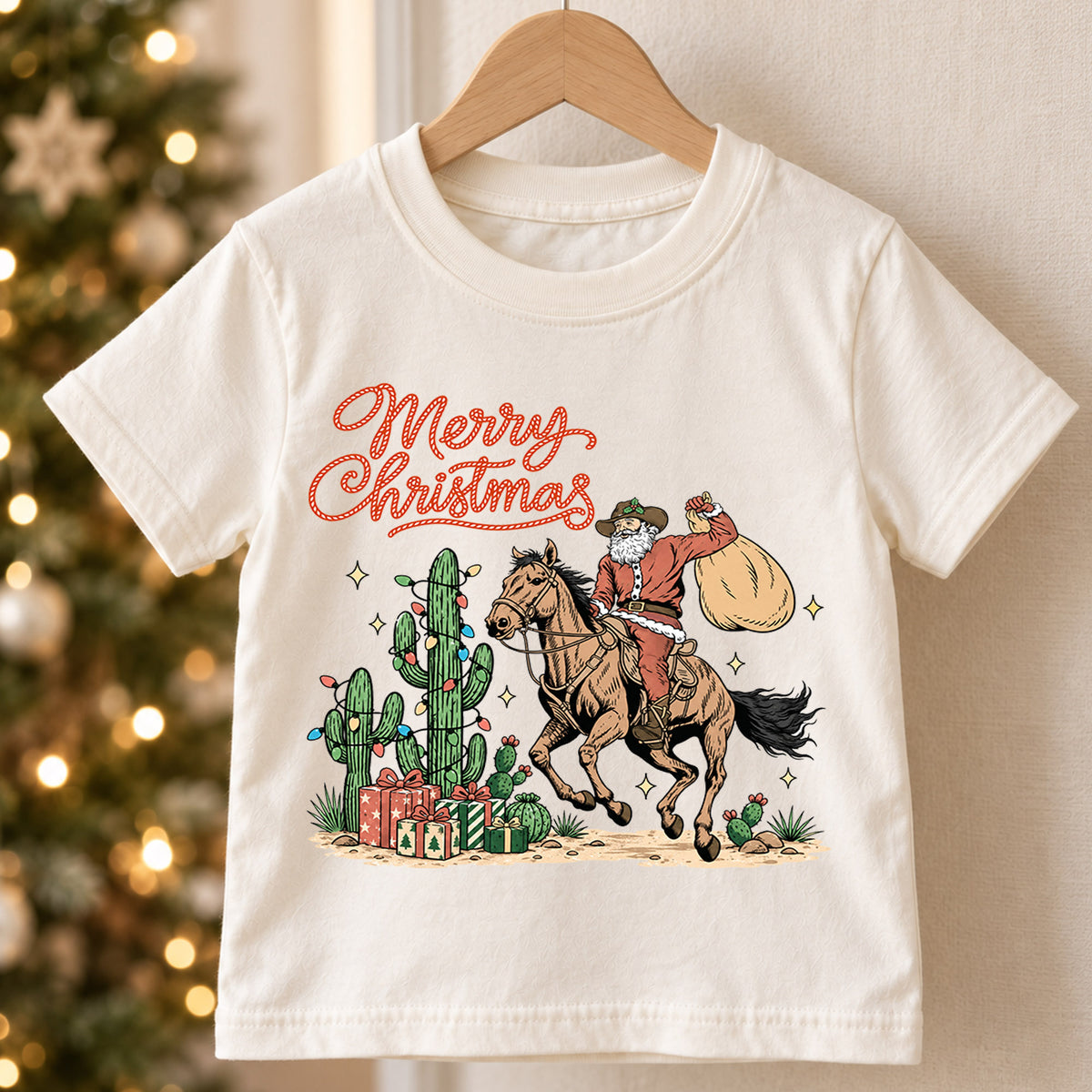 Western Christmas Kids Shirt, Cowboy Santa Horse Holiday Tee, Cactus Merry Christmas T Shirt, Country Xmas Gift for Kids — product view 5