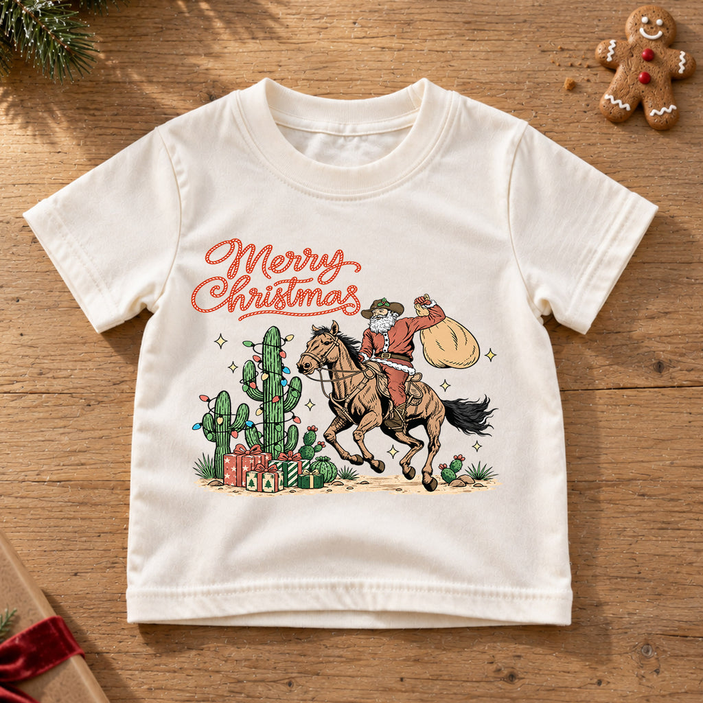 Western Christmas Kids Shirt, Cowboy Santa Horse Holiday Tee, Cactus Merry Christmas T Shirt, Country Xmas Gift for Kids — product view 6