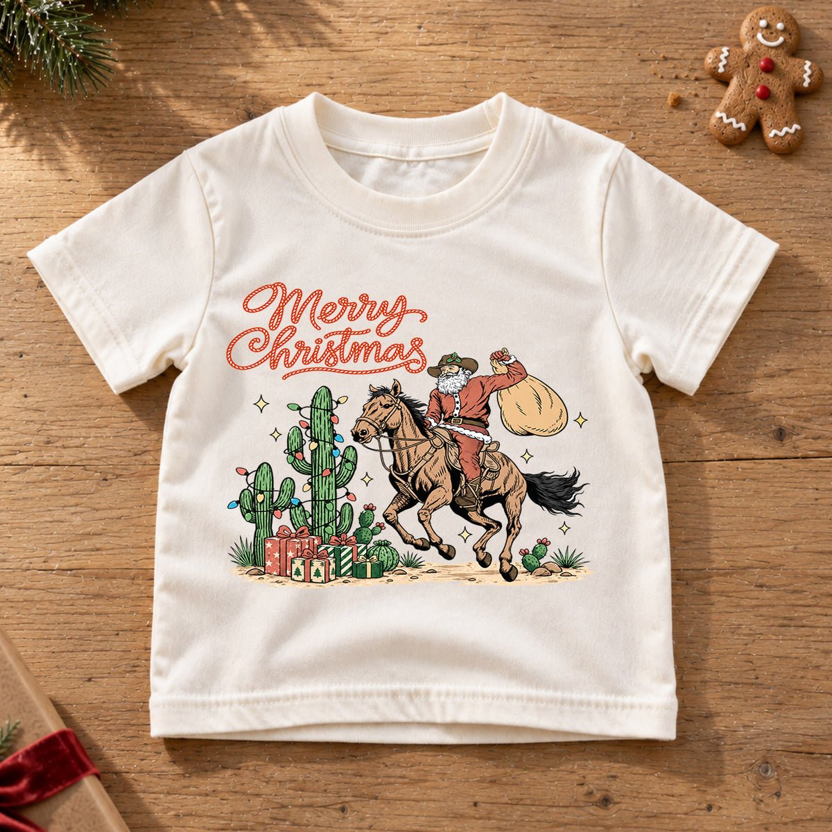 Western Christmas Kids Shirt, Cowboy Santa Horse Holiday Tee, Cactus Merry Christmas T Shirt, Country Xmas Gift for Kids — product view 6