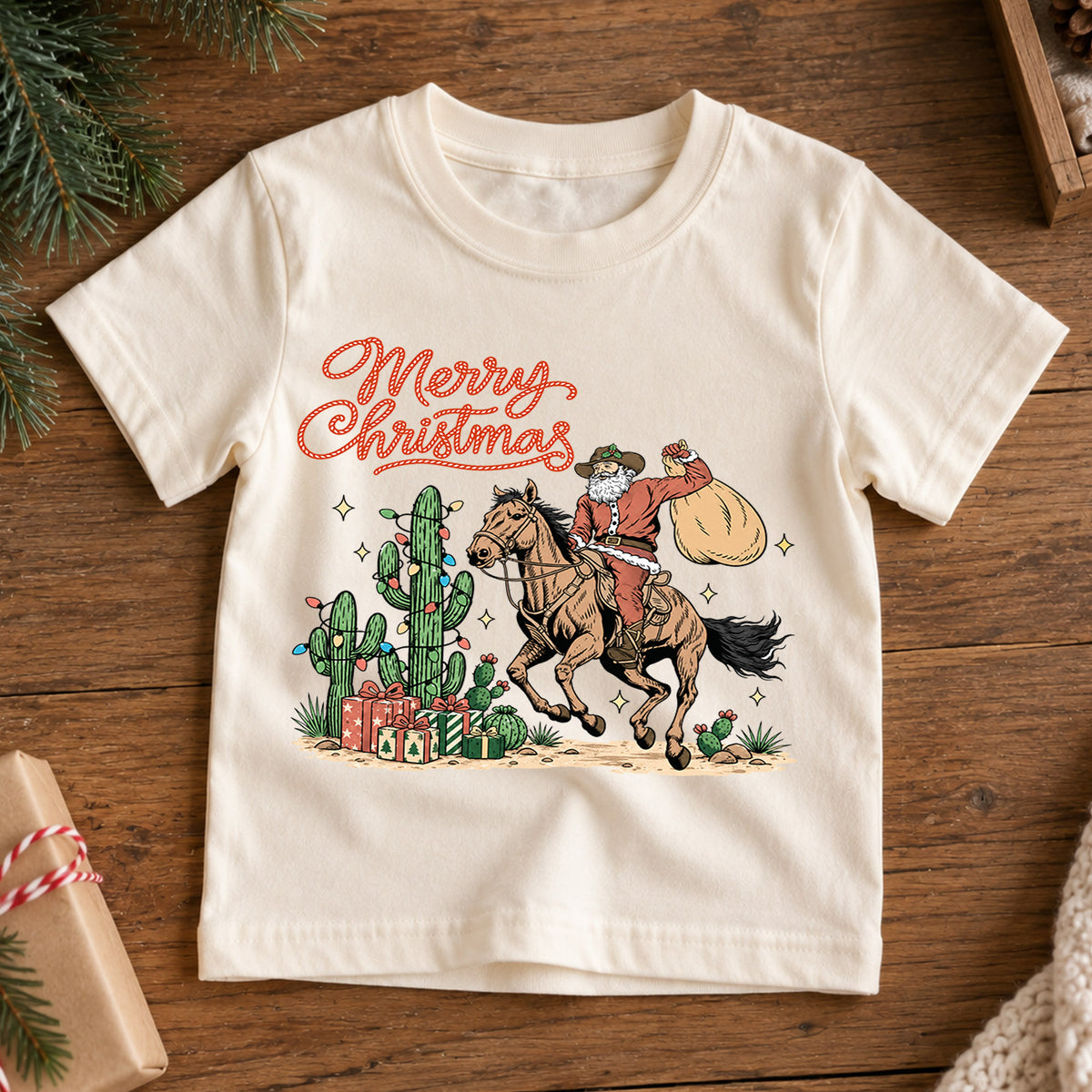 Western Christmas Kids Shirt, Cowboy Santa Horse Holiday Tee, Cactus Merry Christmas T Shirt, Country Xmas Gift for Kids — product view 7