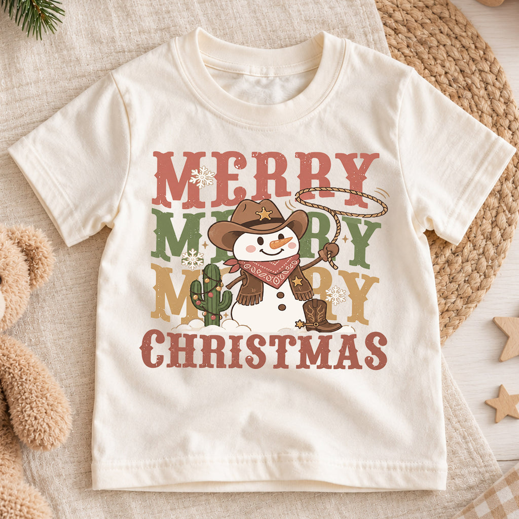 Cowboy Snowman Kids Christmas Shirt, Merry Merry Merry Western Holiday Tee, Cute Country Xmas Gift for Boys and Girls — product view 1