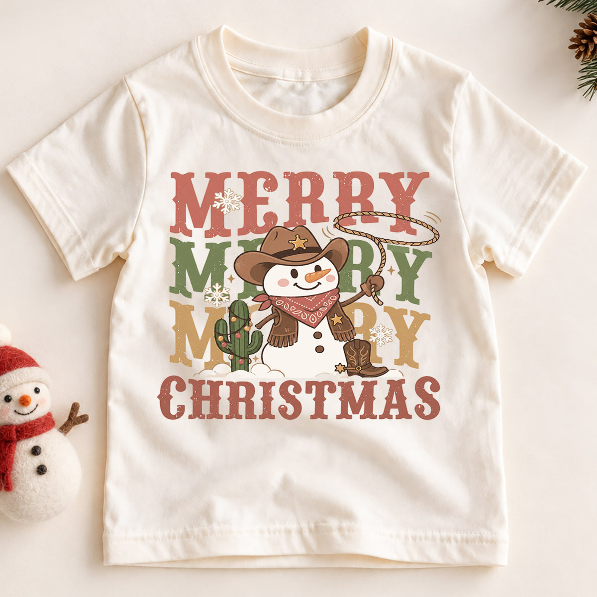 Cowboy Snowman Kids Christmas Shirt, Merry Merry Merry Western Holiday Tee, Cute Country Xmas Gift for Boys and Girls — product view 2