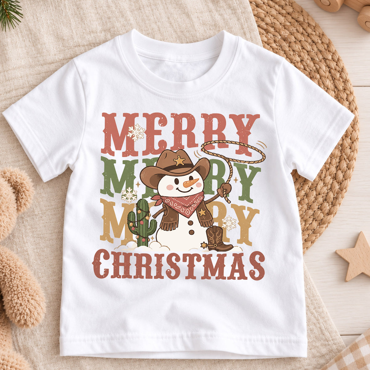 Cowboy Snowman Kids Christmas Shirt, Merry Merry Merry Western Holiday Tee, Cute Country Xmas Gift for Boys and Girls — product view 3
