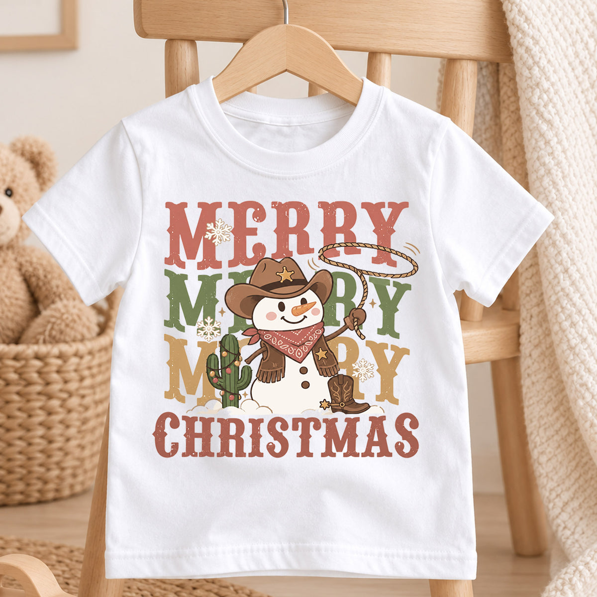 Cowboy Snowman Kids Christmas Shirt, Merry Merry Merry Western Holiday Tee, Cute Country Xmas Gift for Boys and Girls — product view 4