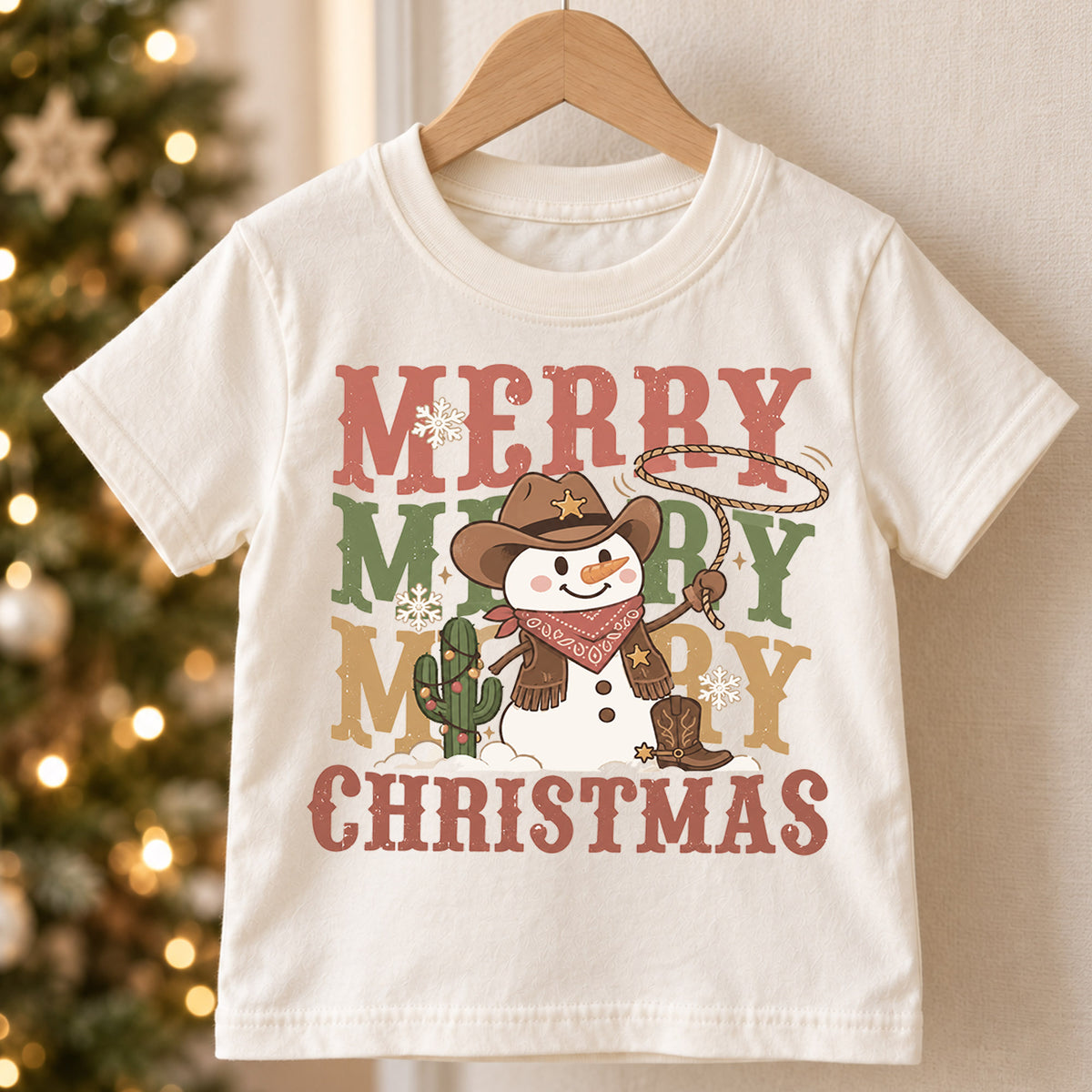 Cowboy Snowman Kids Christmas Shirt, Merry Merry Merry Western Holiday Tee, Cute Country Xmas Gift for Boys and Girls — product view 5