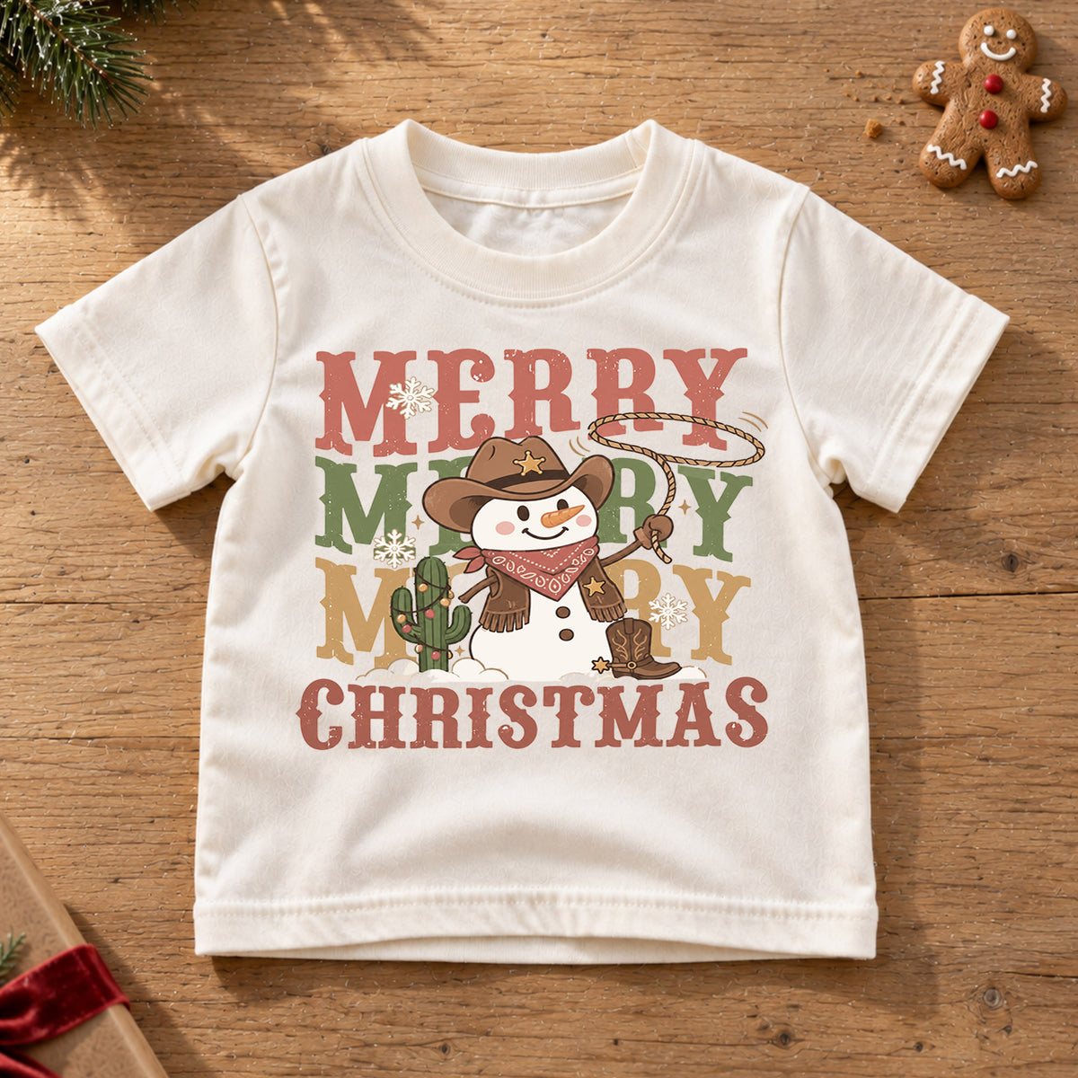 Cowboy Snowman Kids Christmas Shirt, Merry Merry Merry Western Holiday Tee, Cute Country Xmas Gift for Boys and Girls — product view 6
