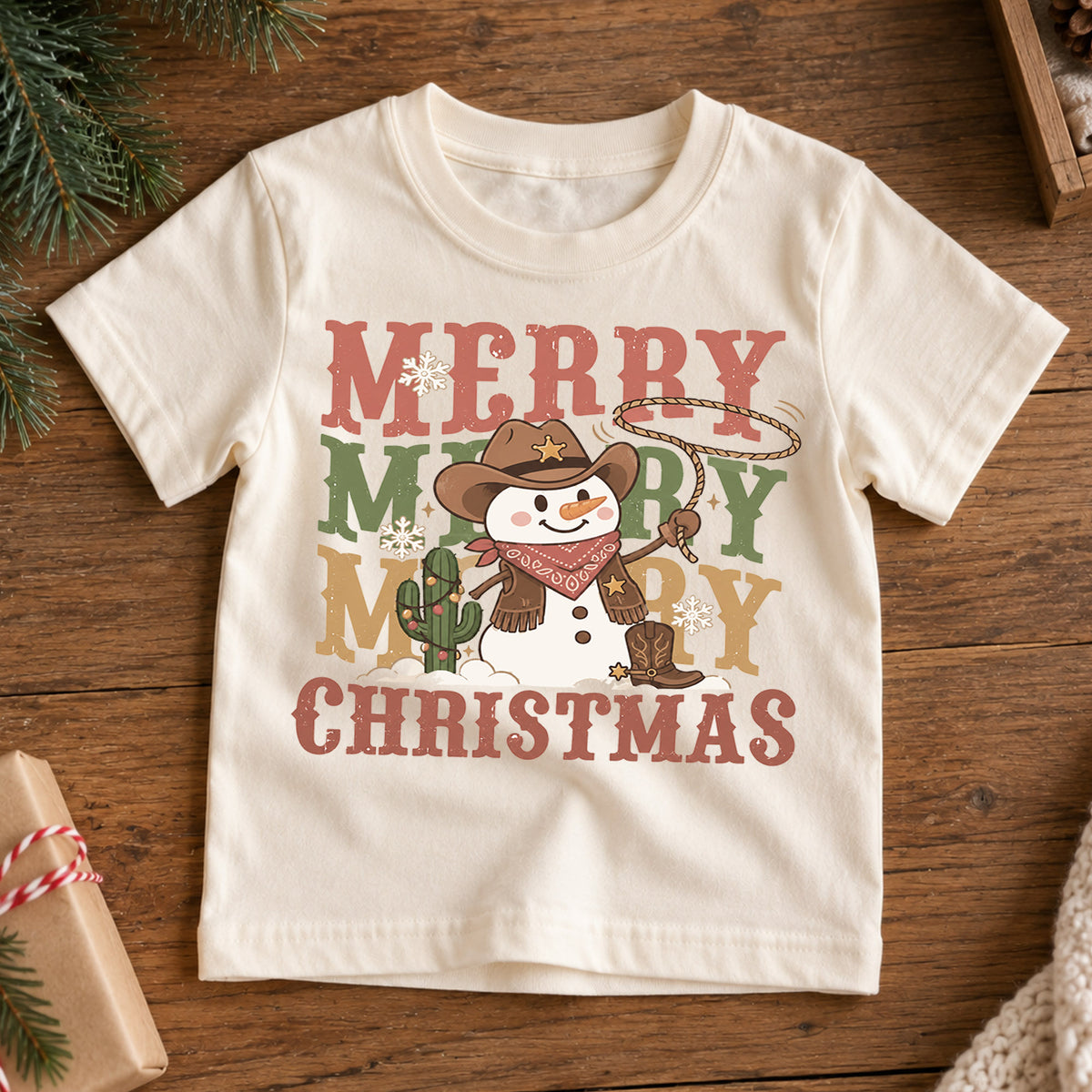 Cowboy Snowman Kids Christmas Shirt, Merry Merry Merry Western Holiday Tee, Cute Country Xmas Gift for Boys and Girls — product view 7