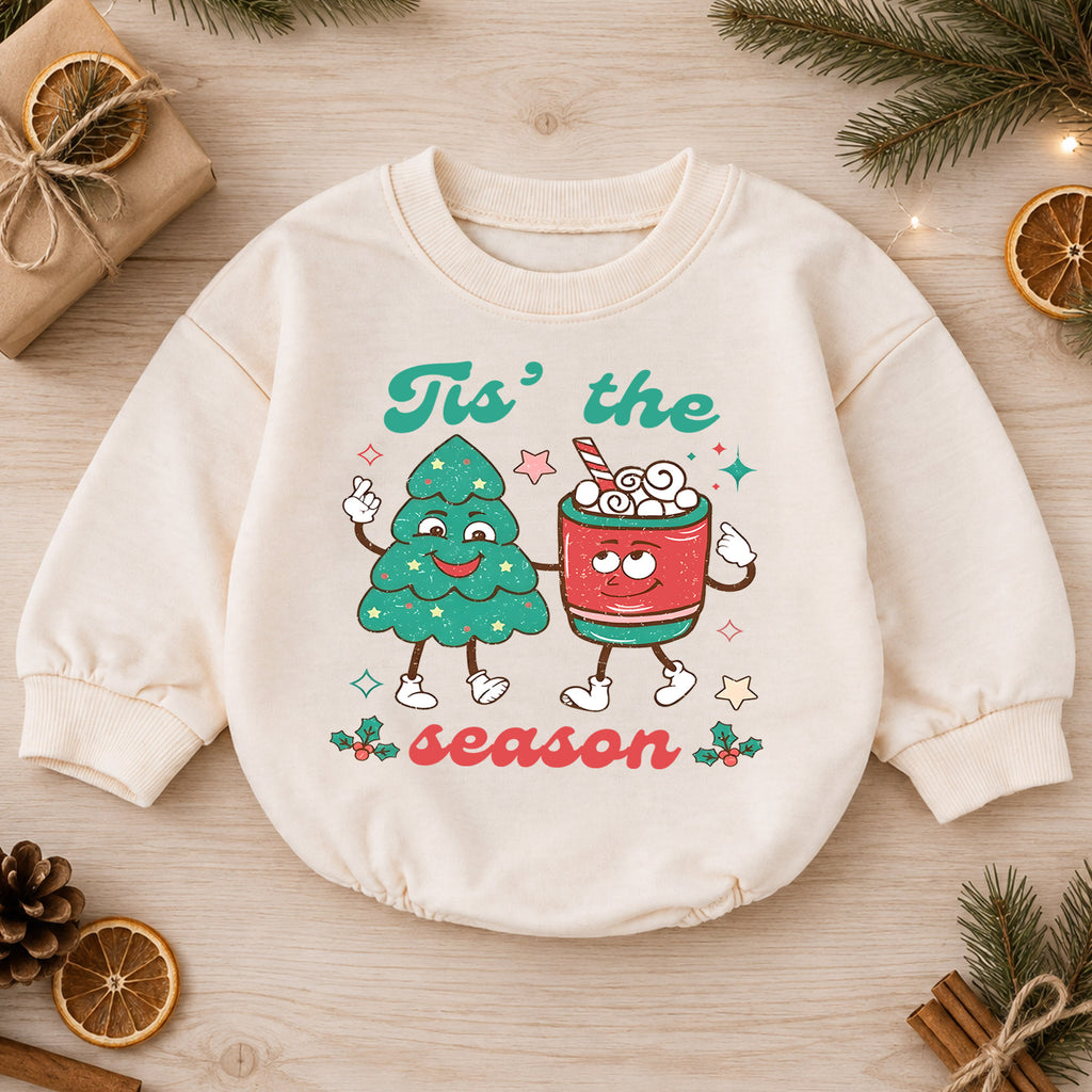 Retro Christmas Baby Romper, Cute Tree and Cocoa Holiday Outfit, Vintage Toddler Xmas Gift, Tis the Season — product view 1