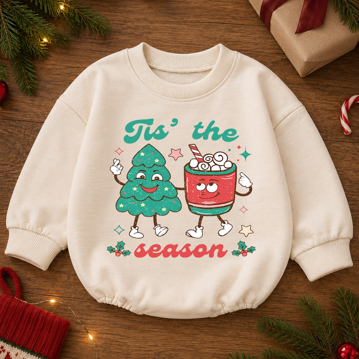 Retro Christmas Baby Romper, Cute Tree and Cocoa Holiday Outfit, Vintage Toddler Xmas Gift, Tis the Season — product view 2
