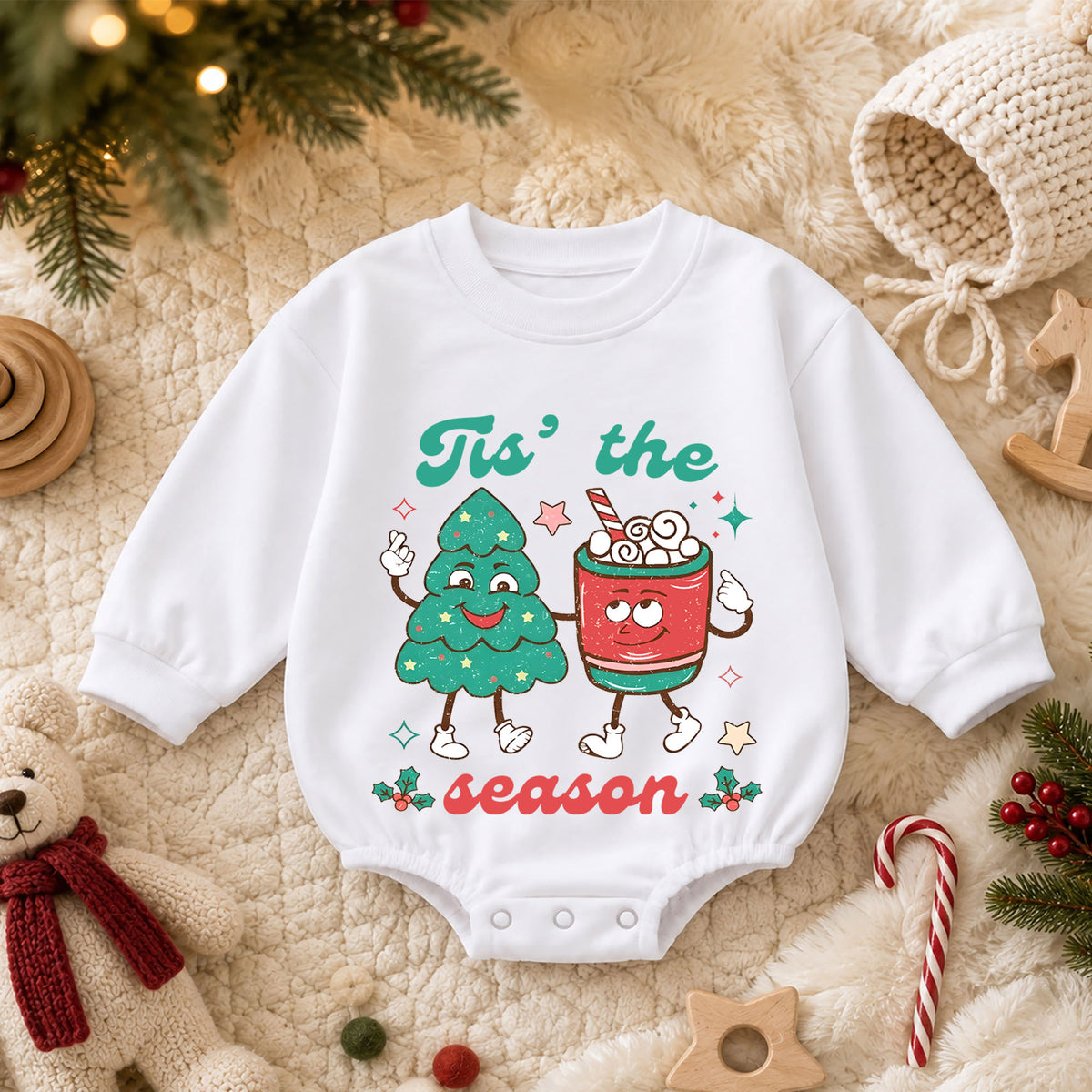 Retro Christmas Baby Romper, Cute Tree and Cocoa Holiday Outfit, Vintage Toddler Xmas Gift, Tis the Season — product view 3