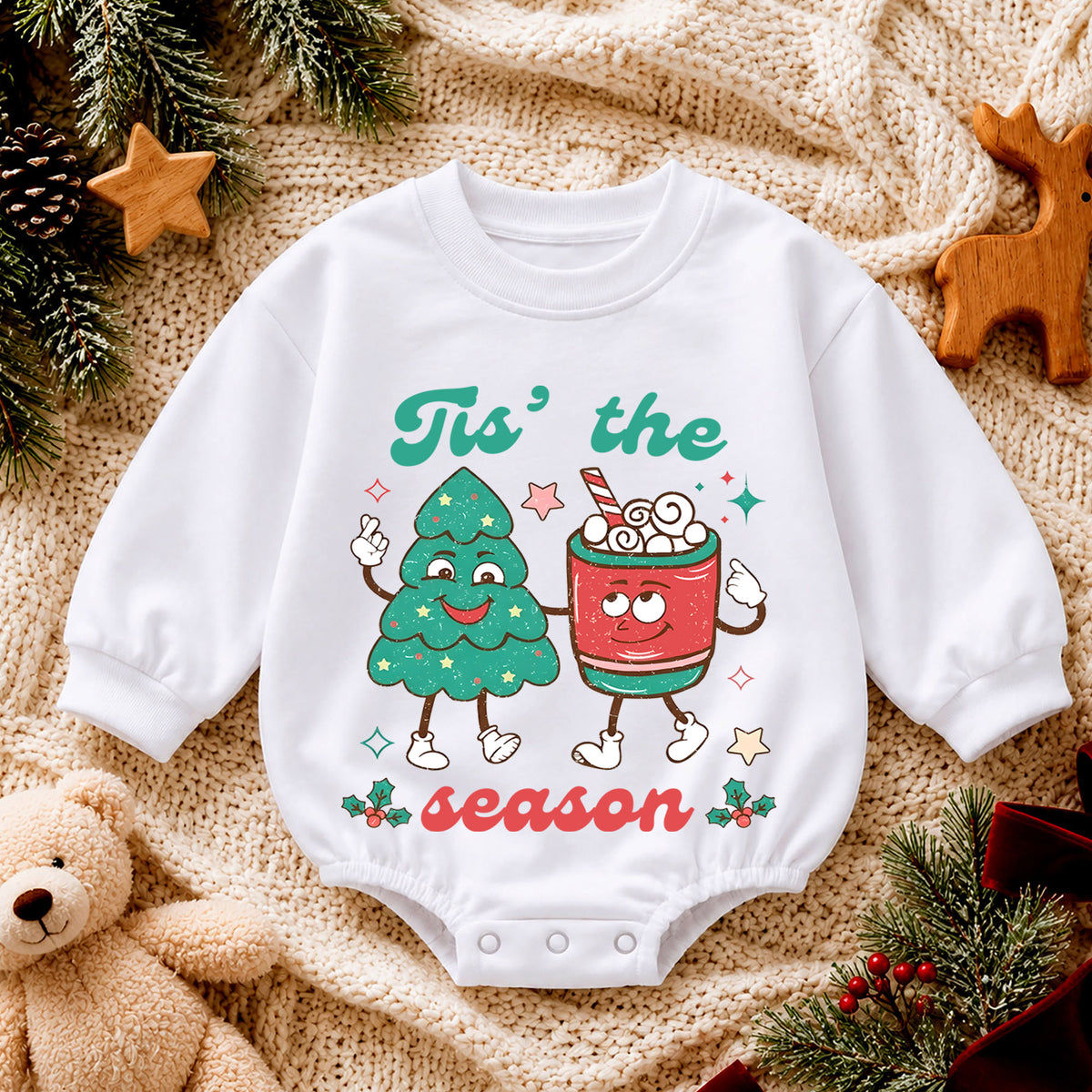 Retro Christmas Baby Romper, Cute Tree and Cocoa Holiday Outfit, Vintage Toddler Xmas Gift, Tis the Season — product view 4