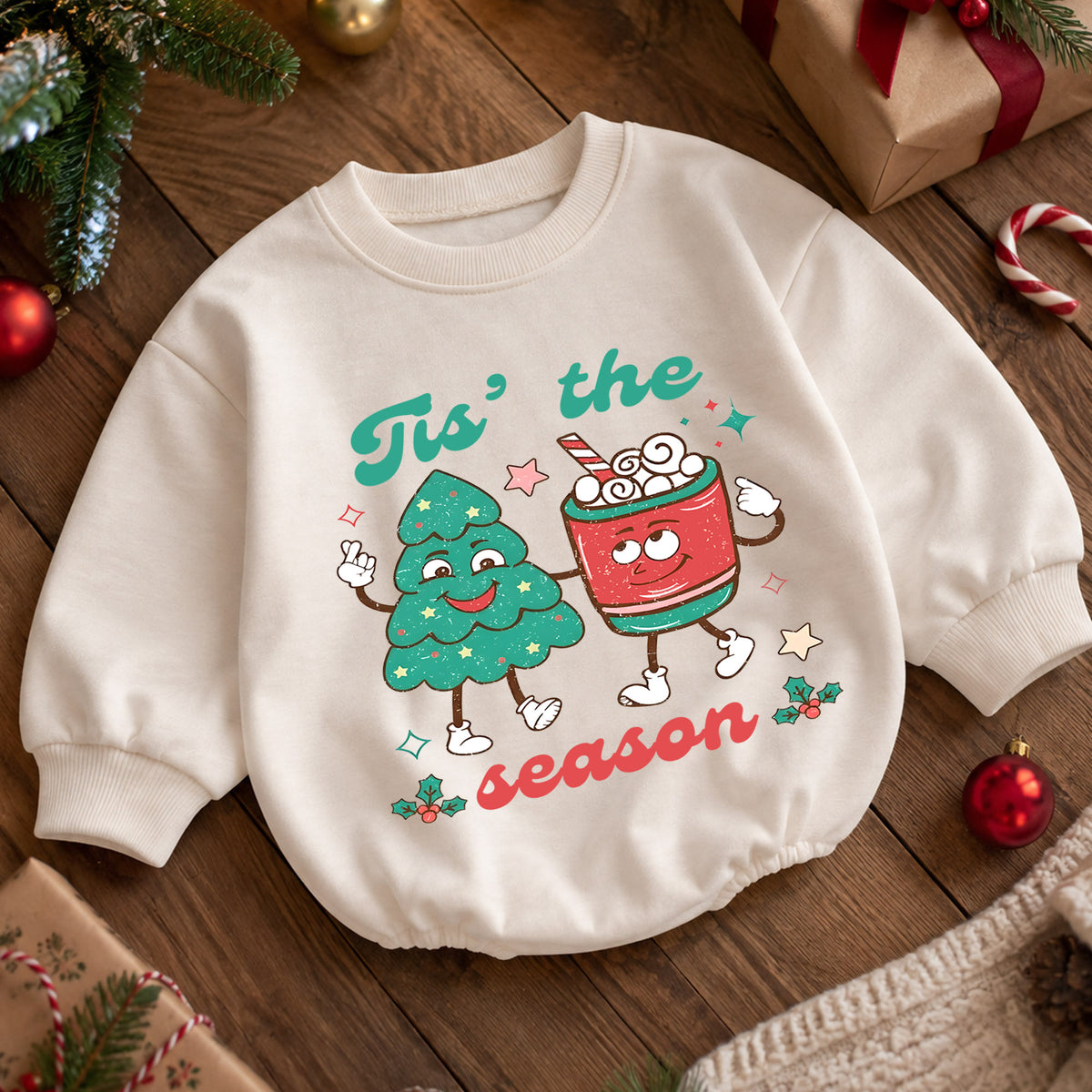 Retro Christmas Baby Romper, Cute Tree and Cocoa Holiday Outfit, Vintage Toddler Xmas Gift, Tis the Season — product view 5