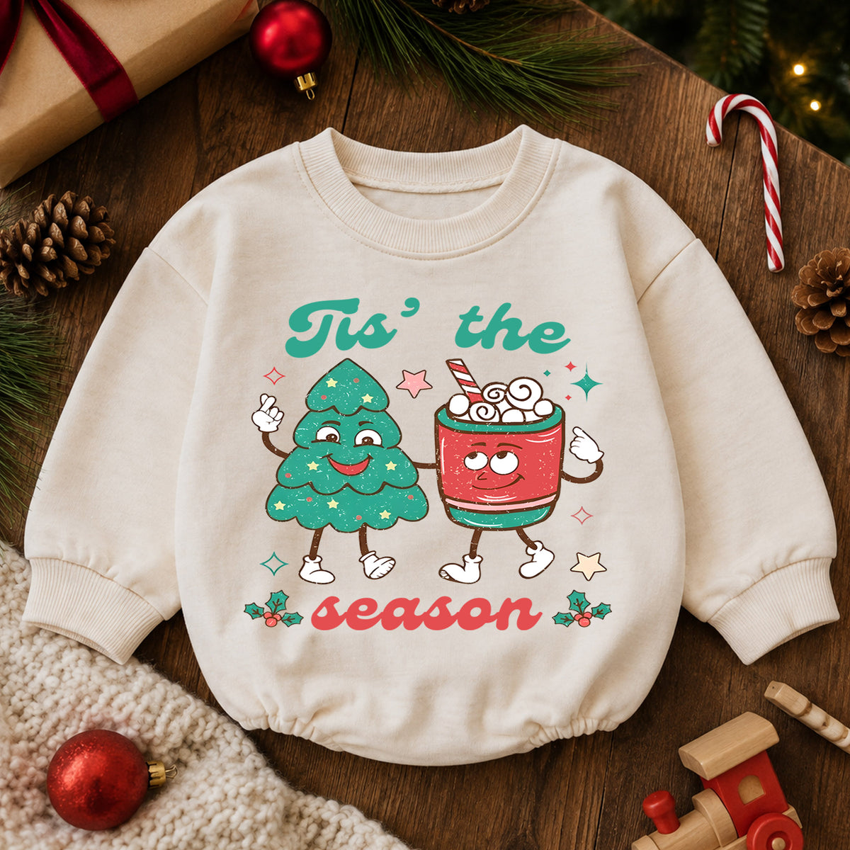 Retro Christmas Baby Romper, Cute Tree and Cocoa Holiday Outfit, Vintage Toddler Xmas Gift, Tis the Season — product view 6