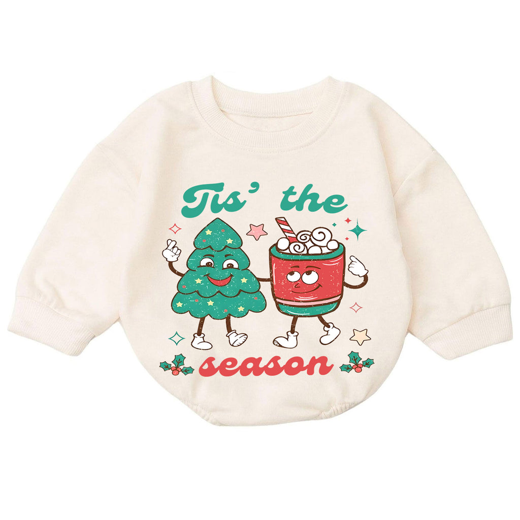 Retro Christmas Baby Romper, Cute Tree and Cocoa Holiday Outfit, Vintage Toddler Xmas Gift, Tis the Season — product view 7