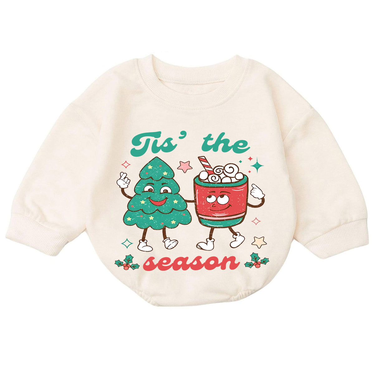 Retro Christmas Baby Romper, Cute Tree and Cocoa Holiday Outfit, Vintage Toddler Xmas Gift, Tis the Season — product view 7