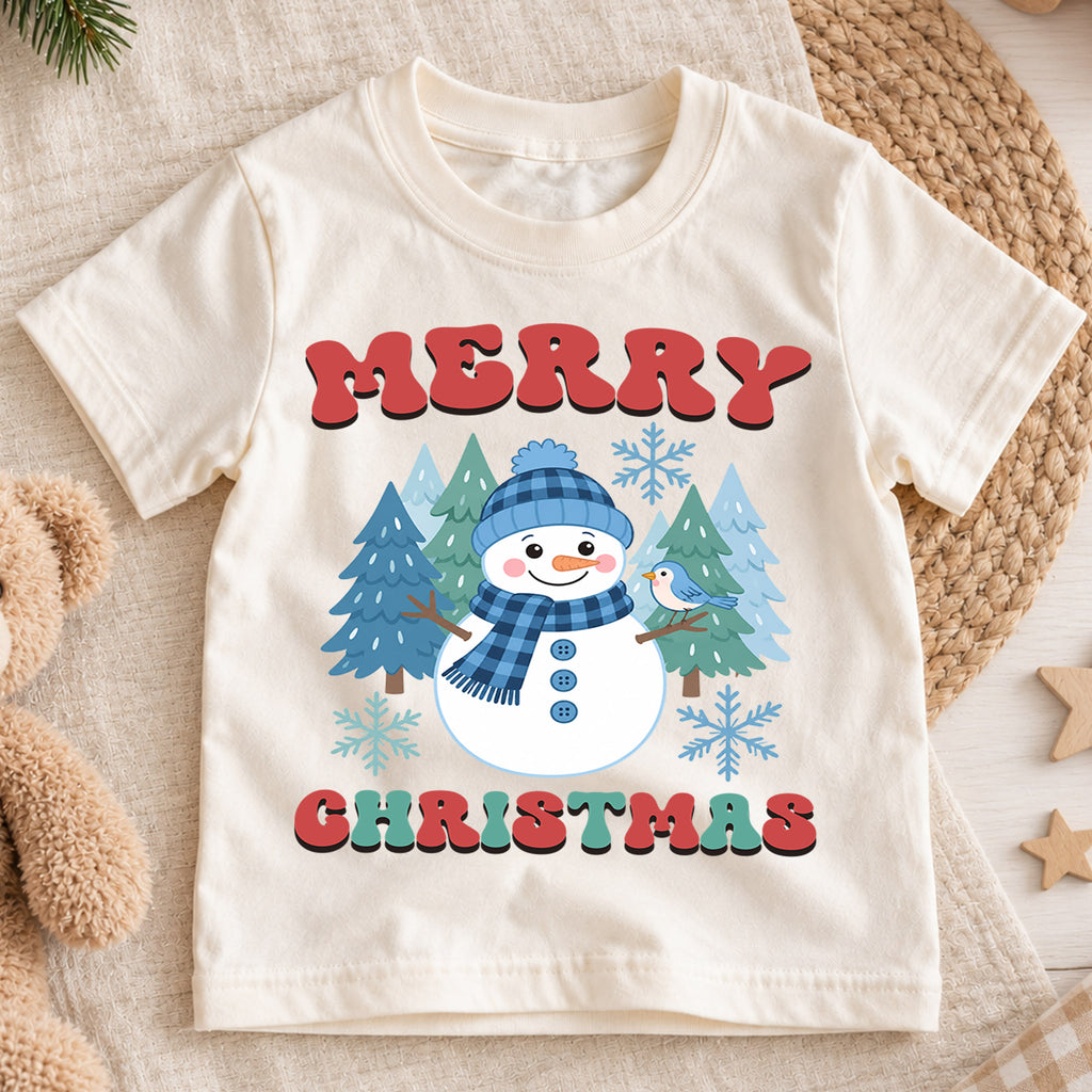 Merry Christmas Snowman Kids Shirt, Winter Forest Holiday Tee, Cute Blue Snowman Christmas T Shirt, Festive Gift for Kids — product view 1