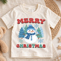 Merry Christmas Snowman Kids Shirt, Winter Forest Holiday Tee, Cute Blue Snowman Christmas T Shirt, Festive Gift for Kids — product view 1