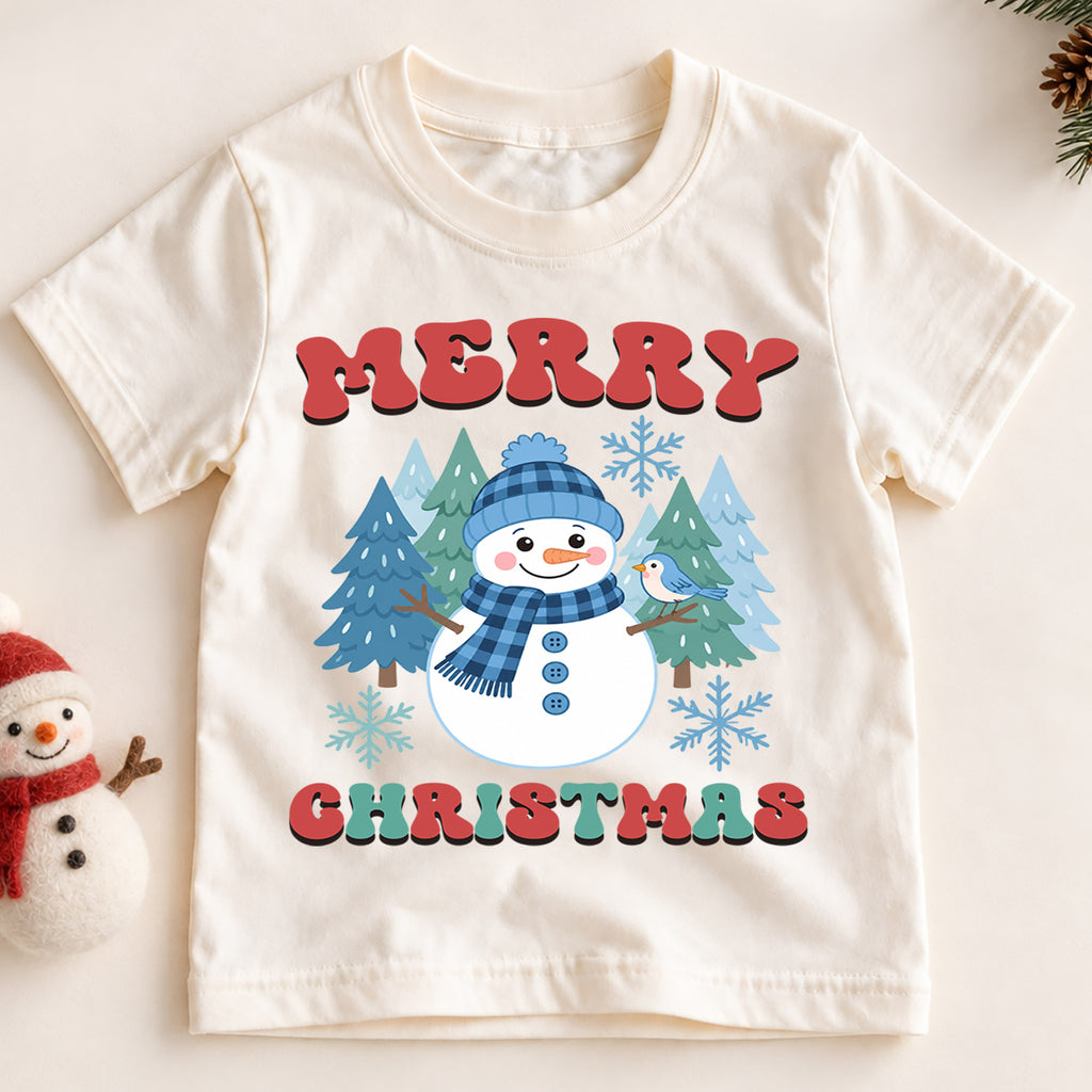 Merry Christmas Snowman Kids Shirt, Winter Forest Holiday Tee, Cute Blue Snowman Christmas T Shirt, Festive Gift for Kids — product view 2