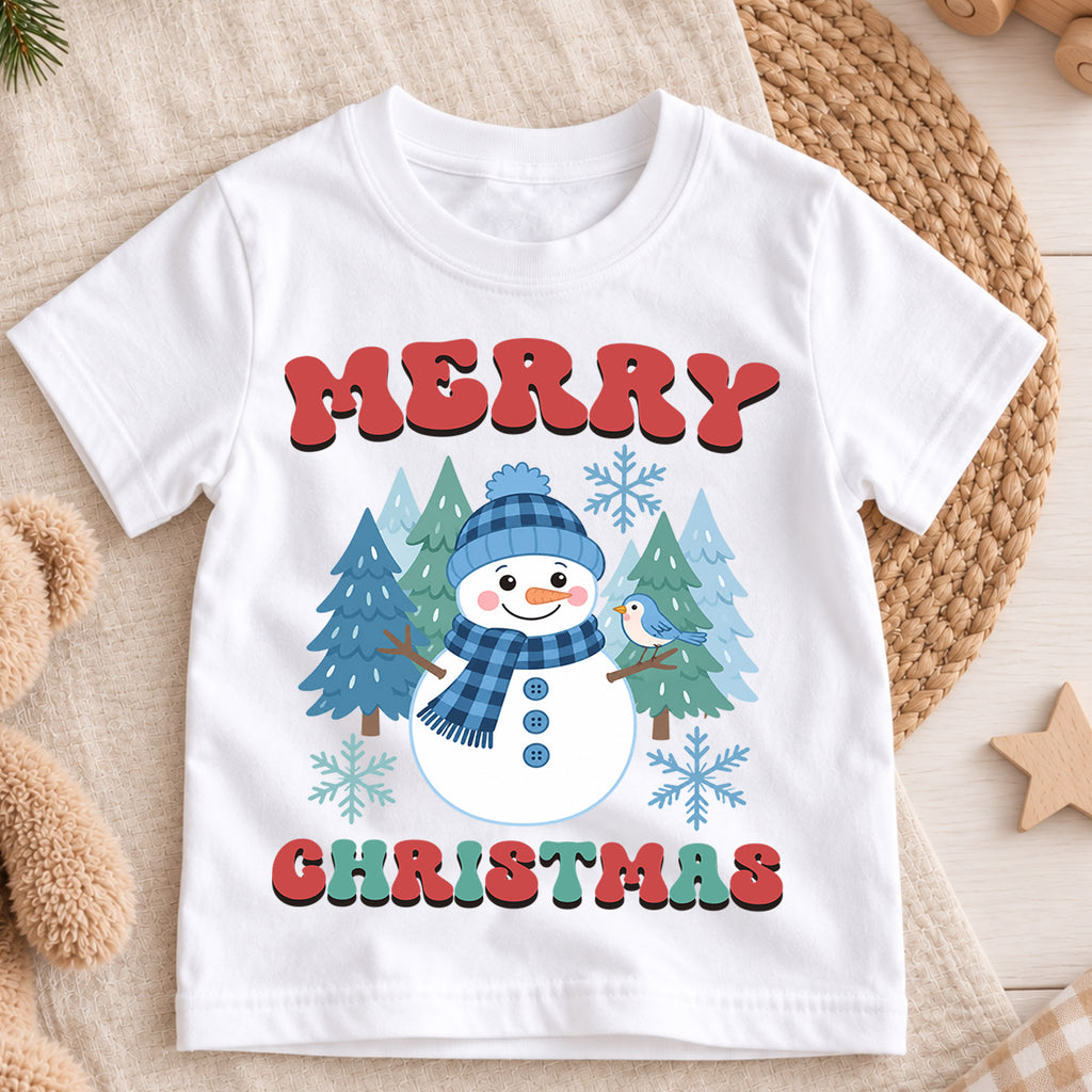 Merry Christmas Snowman Kids Shirt, Winter Forest Holiday Tee, Cute Blue Snowman Christmas T Shirt, Festive Gift for Kids — product view 3