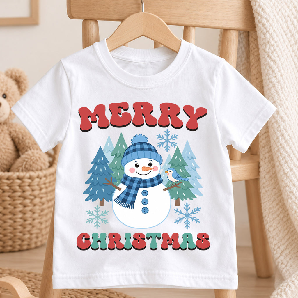 Merry Christmas Snowman Kids Shirt, Winter Forest Holiday Tee, Cute Blue Snowman Christmas T Shirt, Festive Gift for Kids — product view 4