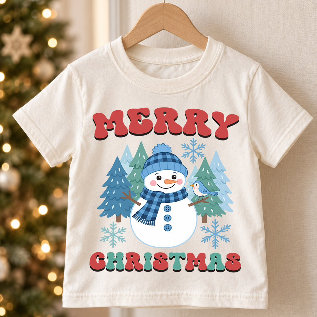Merry Christmas Snowman Kids Shirt, Winter Forest Holiday Tee, Cute Blue Snowman Christmas T Shirt, Festive Gift for Kids — product view 5
