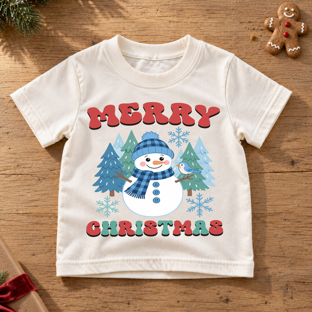 Merry Christmas Snowman Kids Shirt, Winter Forest Holiday Tee, Cute Blue Snowman Christmas T Shirt, Festive Gift for Kids — product view 6