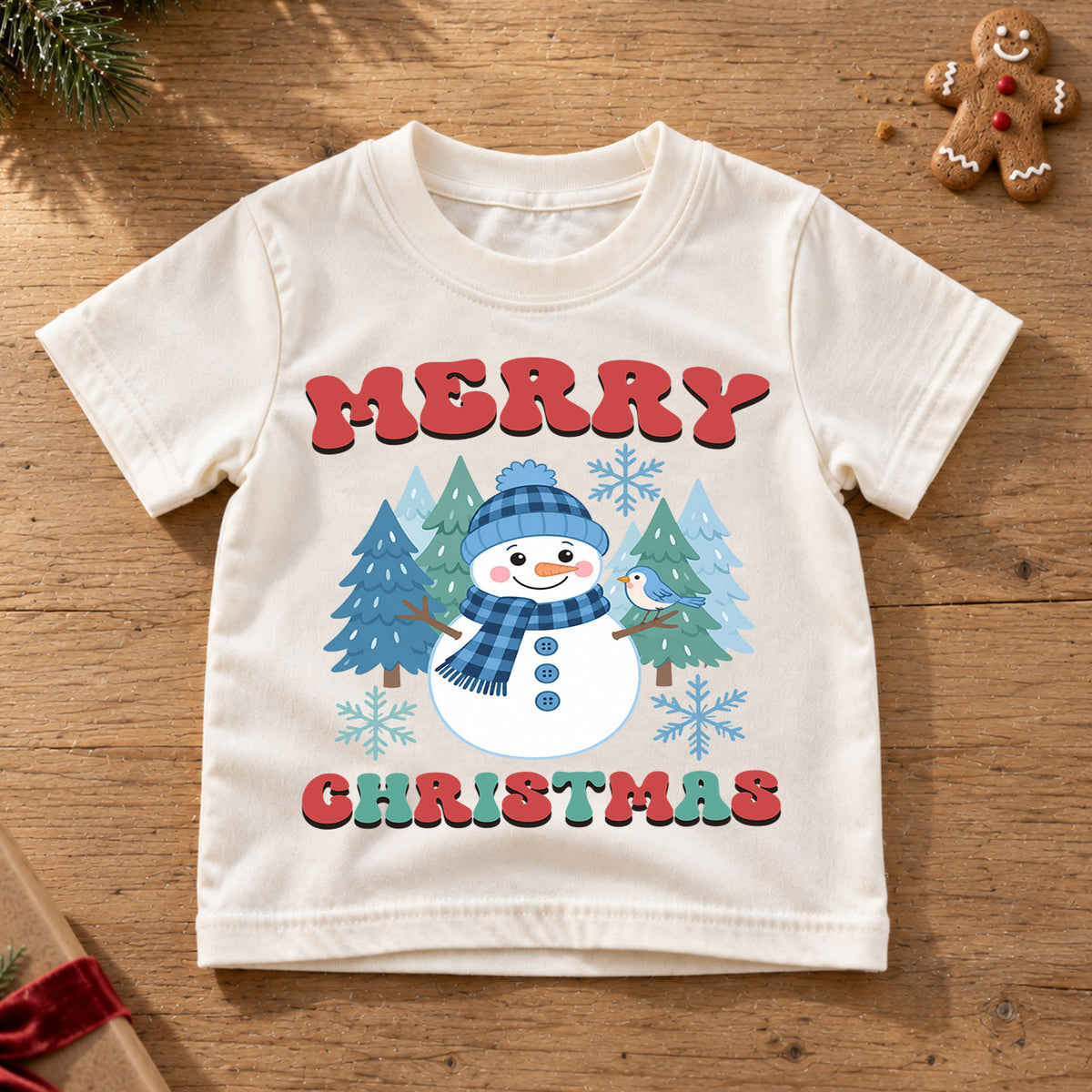 Merry Christmas Snowman Kids Shirt, Winter Forest Holiday Tee, Cute Blue Snowman Christmas T Shirt, Festive Gift for Kids — product view 6