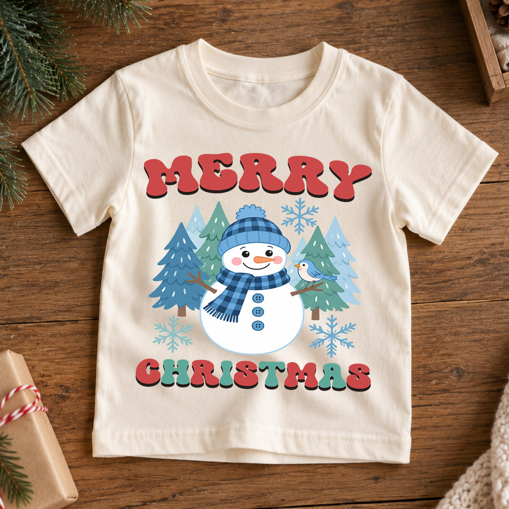 Merry Christmas Snowman Kids Shirt, Winter Forest Holiday Tee, Cute Blue Snowman Christmas T Shirt, Festive Gift for Kids — product view 7