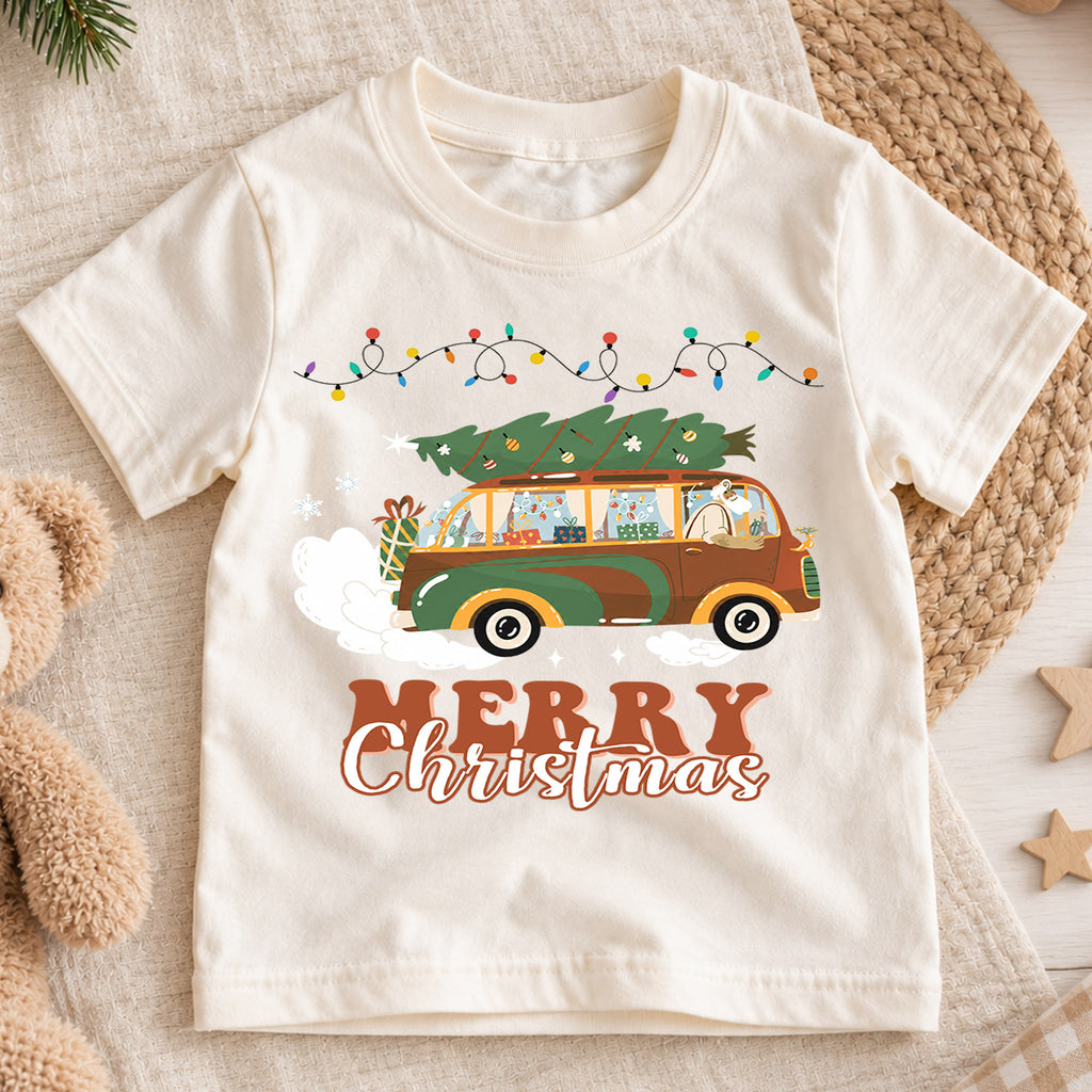 Retro Christmas Car Kids Shirt, Christmas Tree Wagon Holiday Tee, Vintage Merry Christmas T Shirt, Festive Xmas Gift for Kids — product view 1