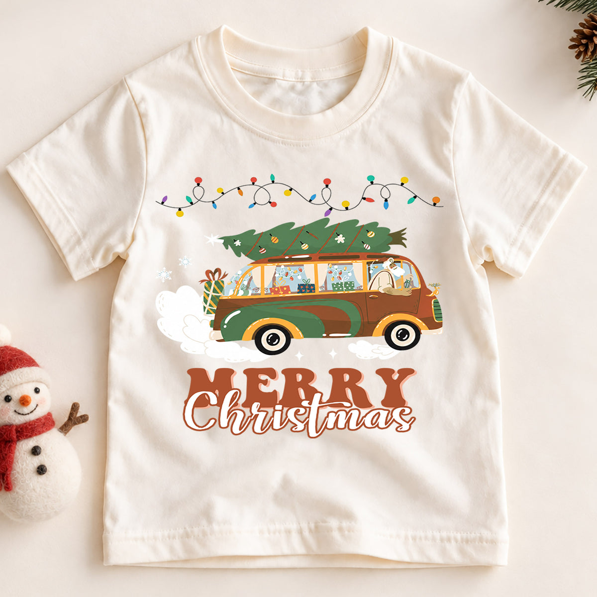 Retro Christmas Car Kids Shirt, Christmas Tree Wagon Holiday Tee, Vintage Merry Christmas T Shirt, Festive Xmas Gift for Kids — product view 2