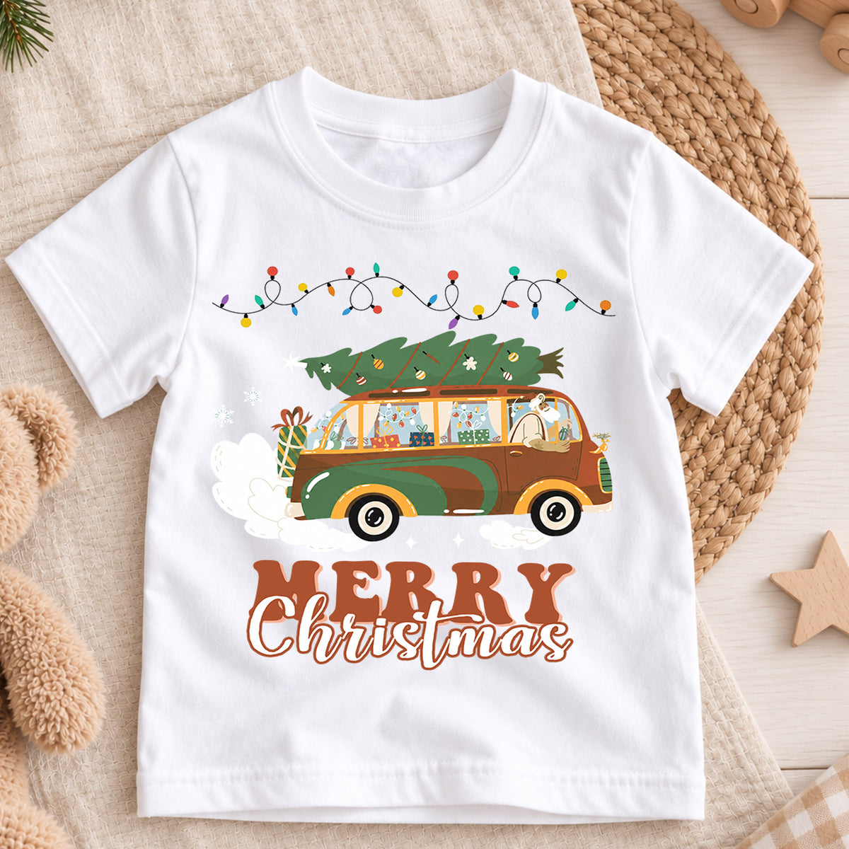 Retro Christmas Car Kids Shirt, Christmas Tree Wagon Holiday Tee, Vintage Merry Christmas T Shirt, Festive Xmas Gift for Kids — product view 3