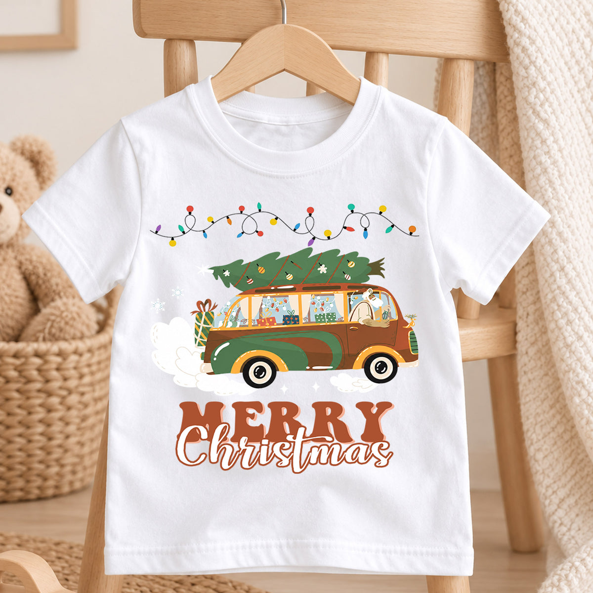 Retro Christmas Car Kids Shirt, Christmas Tree Wagon Holiday Tee, Vintage Merry Christmas T Shirt, Festive Xmas Gift for Kids — product view 4