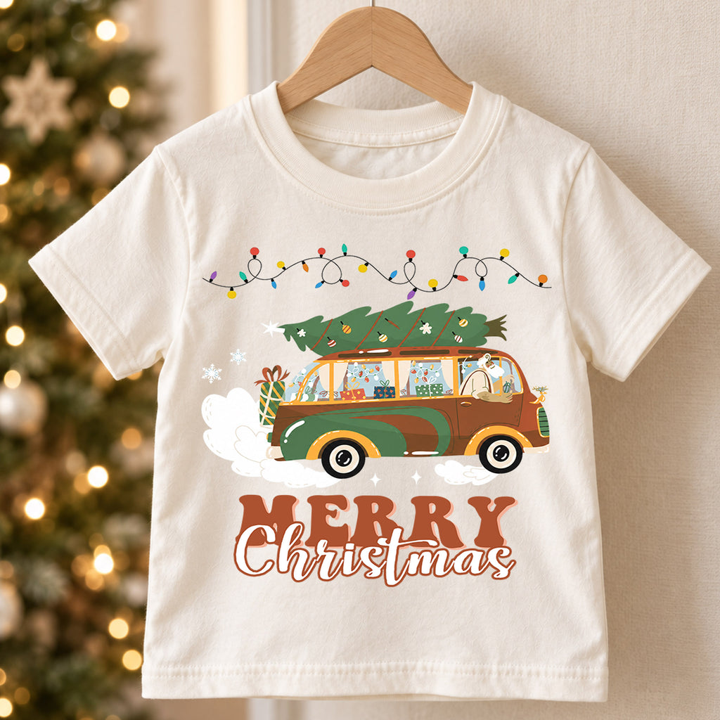 Retro Christmas Car Kids Shirt, Christmas Tree Wagon Holiday Tee, Vintage Merry Christmas T Shirt, Festive Xmas Gift for Kids — product view 5