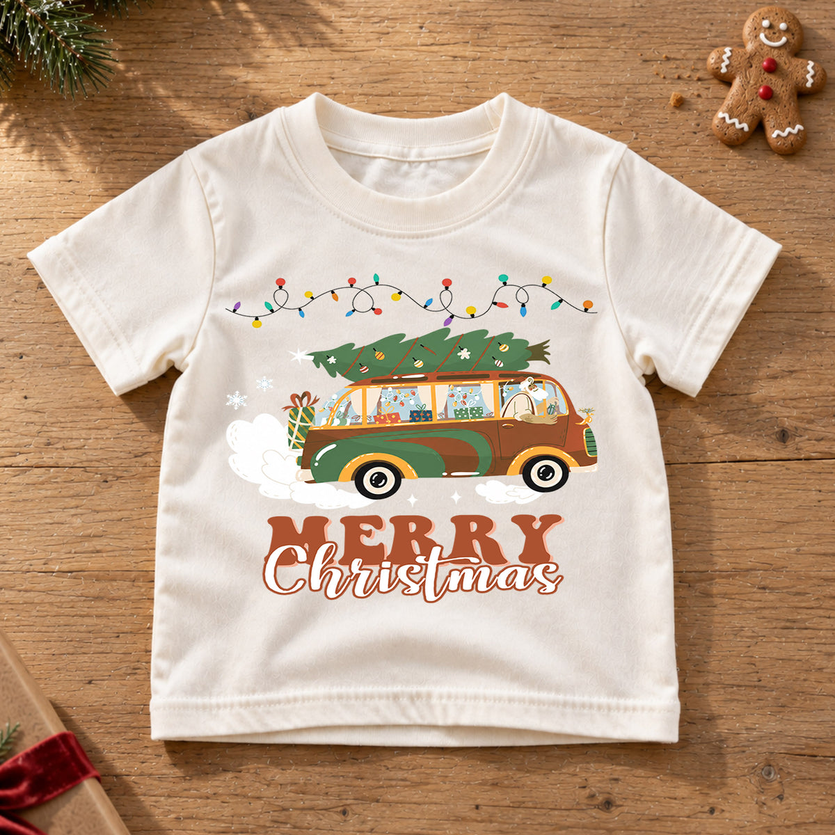 Retro Christmas Car Kids Shirt, Christmas Tree Wagon Holiday Tee, Vintage Merry Christmas T Shirt, Festive Xmas Gift for Kids — product view 6