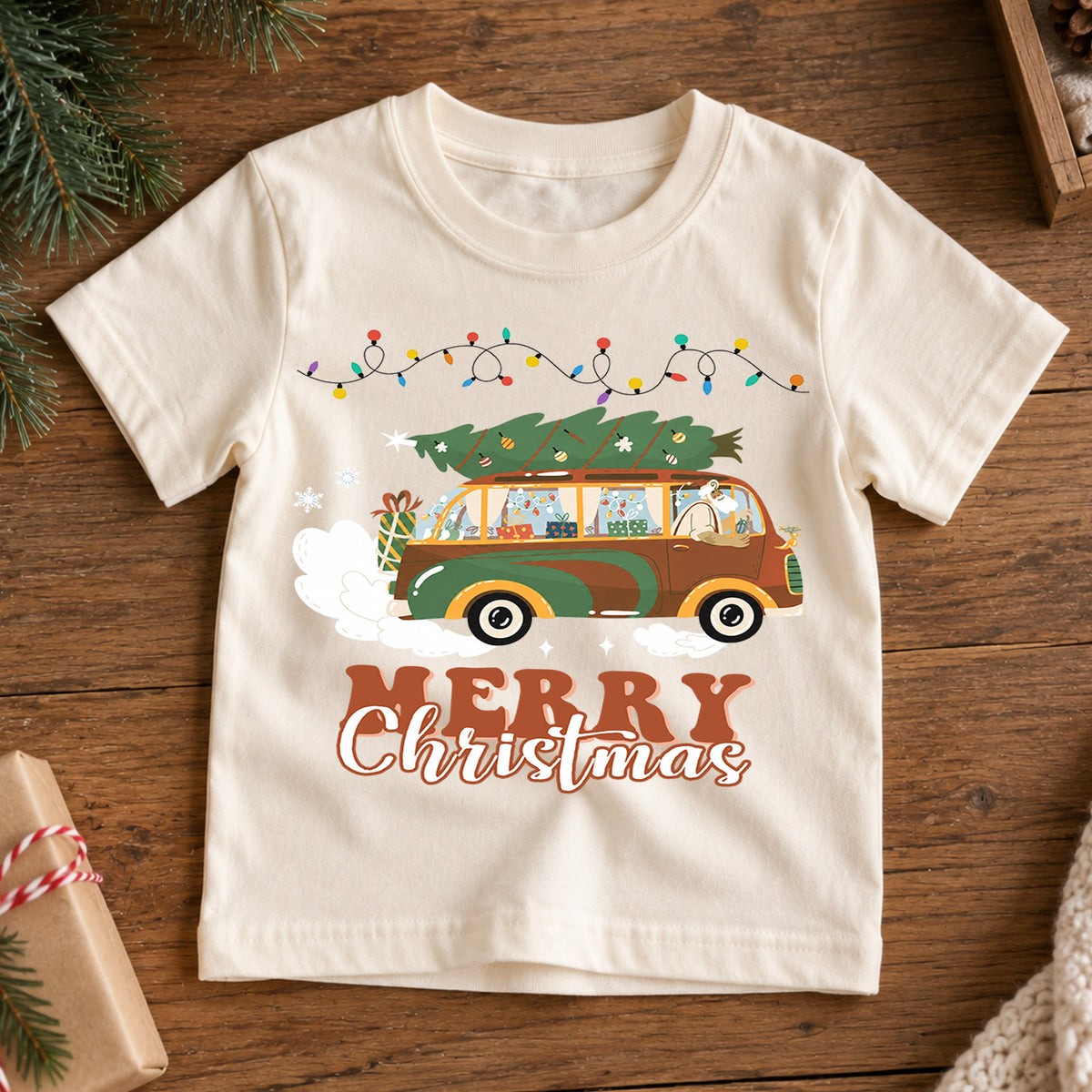 Retro Christmas Car Kids Shirt, Christmas Tree Wagon Holiday Tee, Vintage Merry Christmas T Shirt, Festive Xmas Gift for Kids — product view 7