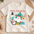 Merry Christmas Kids Shirt, Santa Snowman Reindeer Penguin Holiday Tee, Cute Christmas Character T Shirt, Xmas Gift for Kids — product view 1
