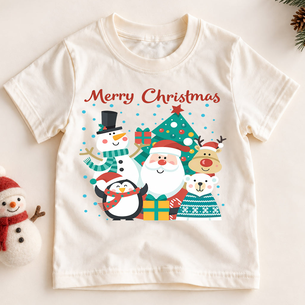 Merry Christmas Kids Shirt, Santa Snowman Reindeer Penguin Holiday Tee, Cute Christmas Character T Shirt, Xmas Gift for Kids — product view 2