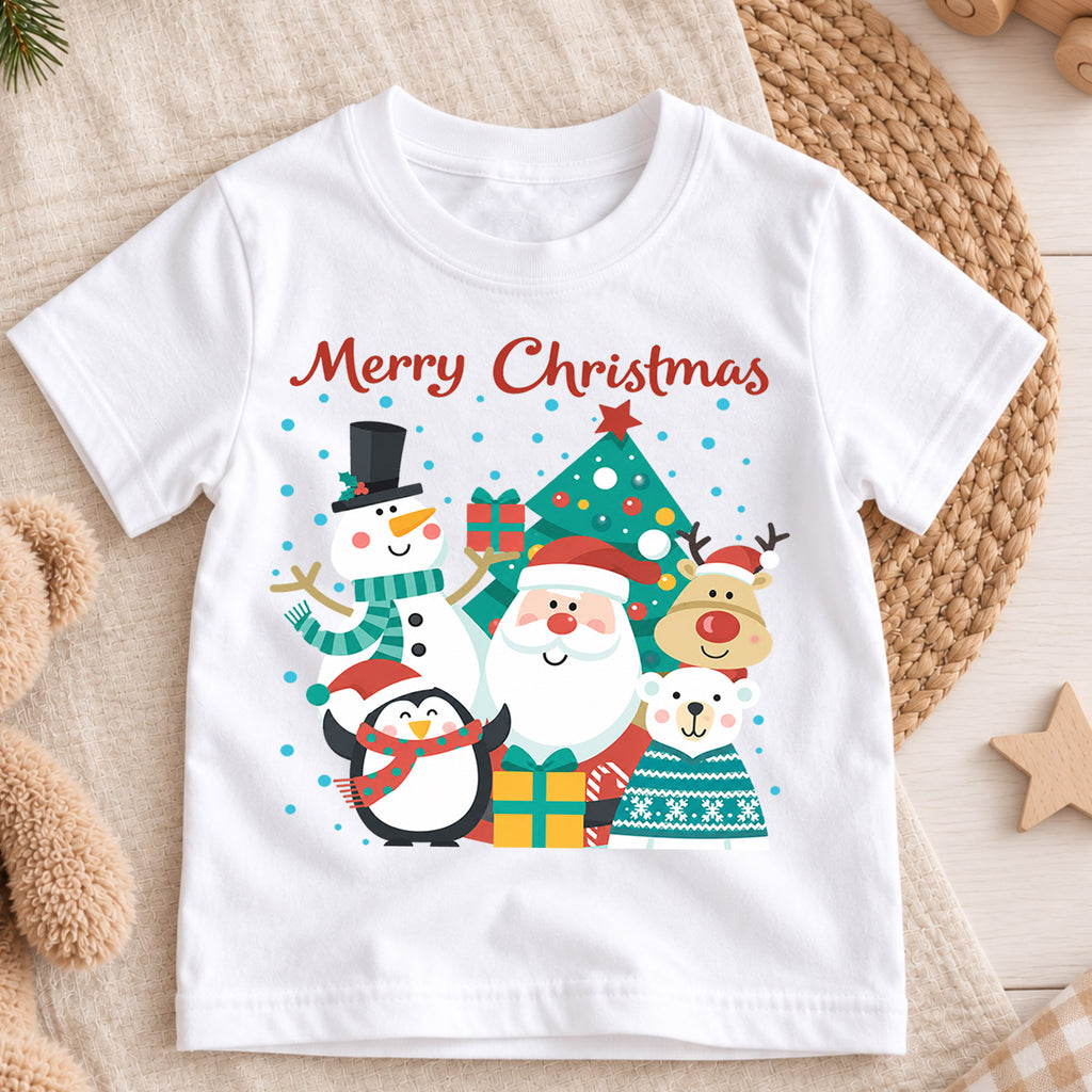Merry Christmas Kids Shirt, Santa Snowman Reindeer Penguin Holiday Tee, Cute Christmas Character T Shirt, Xmas Gift for Kids — product view 3
