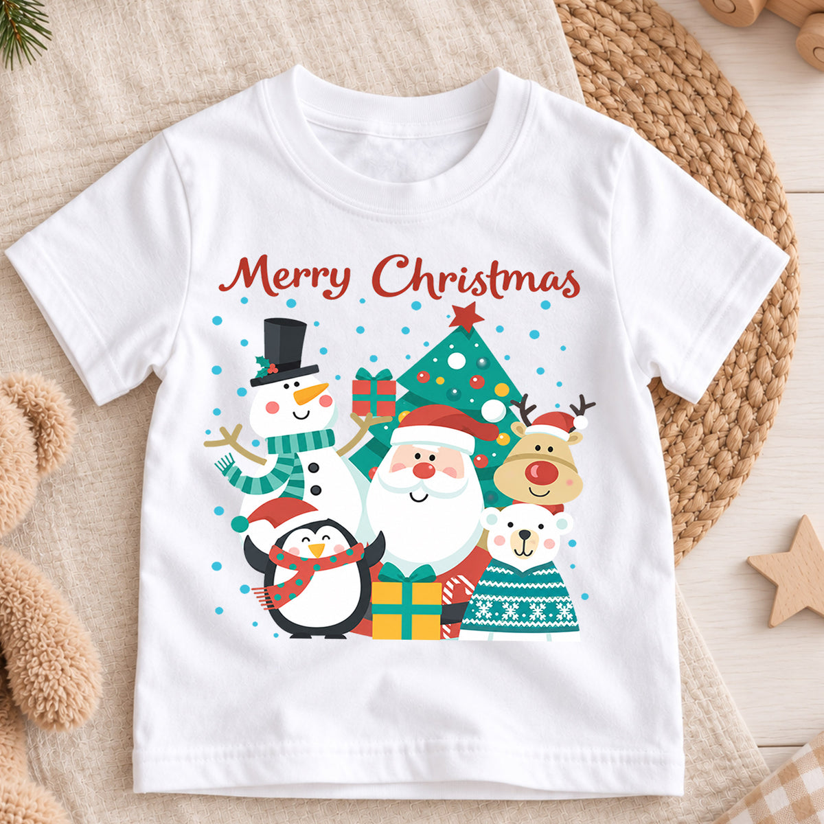 Merry Christmas Kids Shirt, Santa Snowman Reindeer Penguin Holiday Tee, Cute Christmas Character T Shirt, Xmas Gift for Kids — product view 3